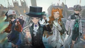 Anime characters in stylish outfits walking on a London bridge in Reverse