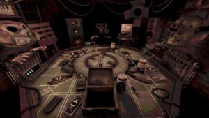 A dimly lit control room with a circular table covered in electronic devices, monitors, speakers, and mysterious gadgets, creating a tense, eerie atmosphere.