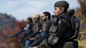 Group of four armed characters in Fallout 76