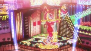 Neon-lit view of Niijima’s Casino Palace in Persona 5 symbolizing justice and control
