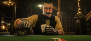 A man playing Poker at a saloon table in Red Dead Online, holding cards and poker chips under warm lamplight