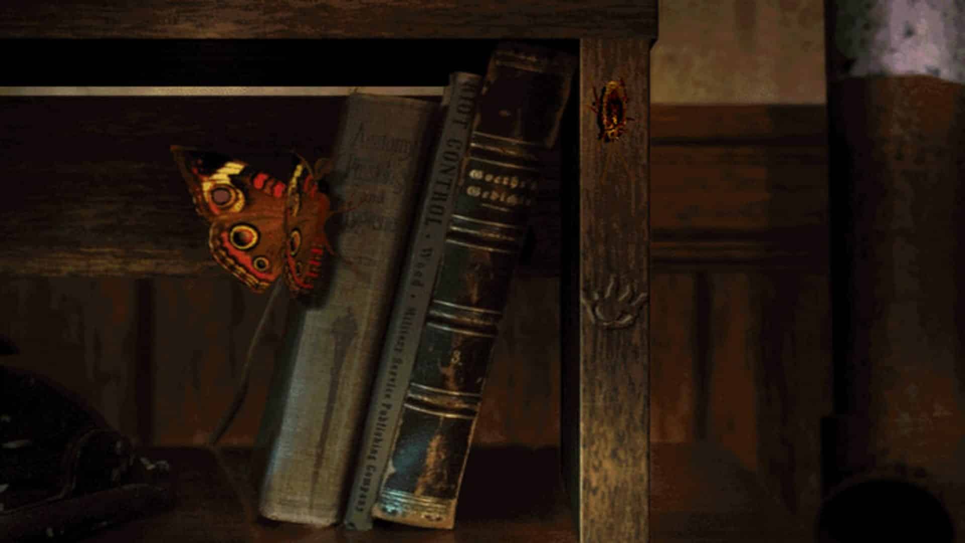 Close-up of bookshelf with butterfly in Bad Mojo