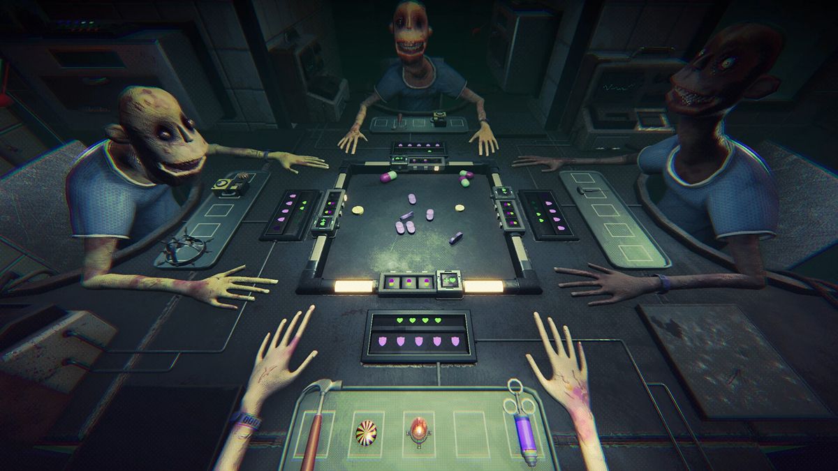 Three unsettling patient characters surrounding a central table with scattered pills and experiment equipment in the game Side Effects