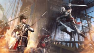 Assassin’s Creed IV: Black Flag – a hooded assassin leaps onto a British soldier during a fierce naval battle.