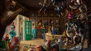 Broken Sword: The Shadow of the Templars Reforged – George Stobbart visits a quirky costume shop filled with marionettes and vintage props.