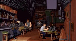 Full Throttle Remastered – bikers gather in a dimly lit bar, drinking and arm wrestling while a man plays the piano.