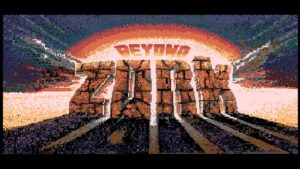 The pixelated title screen of Beyond Zork glows under a dramatic sunset, symbolizing the golden age of Infocom text adventures.