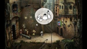A small robot stands in a rusted industrial courtyard, thinking about three mischievous robots in Machinarium.