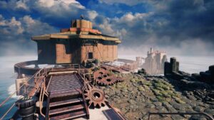 A misty island landscape with large rusted gears and a circular metal structure overlooking the sea in Myst.