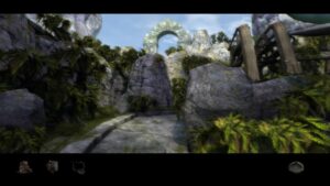 A stone path winds through overgrown ruins toward a massive archway in Myst IV: Revelation.