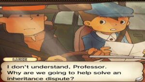 Professor Layton drives while Luke reads a letter, discussing an inheritance mystery in Professor Layton and the Curious Village.