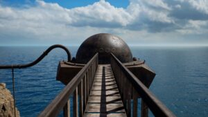 A narrow wooden bridge leads to a rusted metallic dome structure above the ocean in Riven.