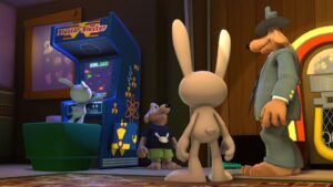 Sam and Max stand beside an arcade machine as a rabbit character plays Bluster Blaster in Sam & Max: Beyond Time and Space Remastered.