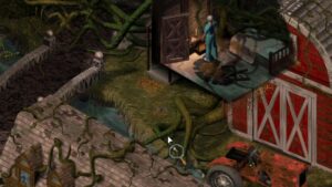 A man in hospital clothes stands inside a decaying barn overrun with vines and roots in Sanitarium.