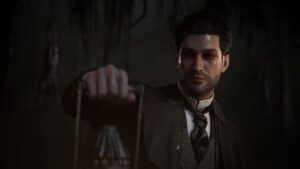 A weary detective holds a lantern in the dark, his face marked by exhaustion and fear, in Sherlock Holmes: The Awakened Remake.