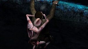 A man clings to a ledge as a pale, humanoid creature grabs onto him in Silent Hill: Shattered Memories.