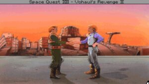 Two characters shake hands on a futuristic rooftop at sunset in Space Quest IV: Roger Wilco and the Time Rippers.