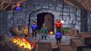 The crew of the Enterprise confronts a soldier in a stone chamber surrounded by crates and fire in Star Trek: Judgment Rites.