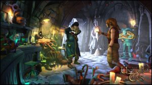 A young adventurer confronts a masked sorceress in a dimly lit laboratory filled with odd machinery and glowing potions in The Book of Unwritten Tales.