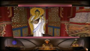 A Buddha statue in an ornate temple room viewed through a futuristic interface in The Journeyman Project 3: Legacy of Time.
