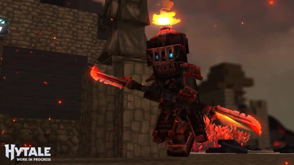 Hytale  character with glowing blue eyes wields fiery dual blades amidst a stone fortress