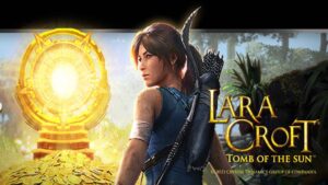 Lara Croft Tomb of the Sun slot by Games Global featuring glowing treasure.