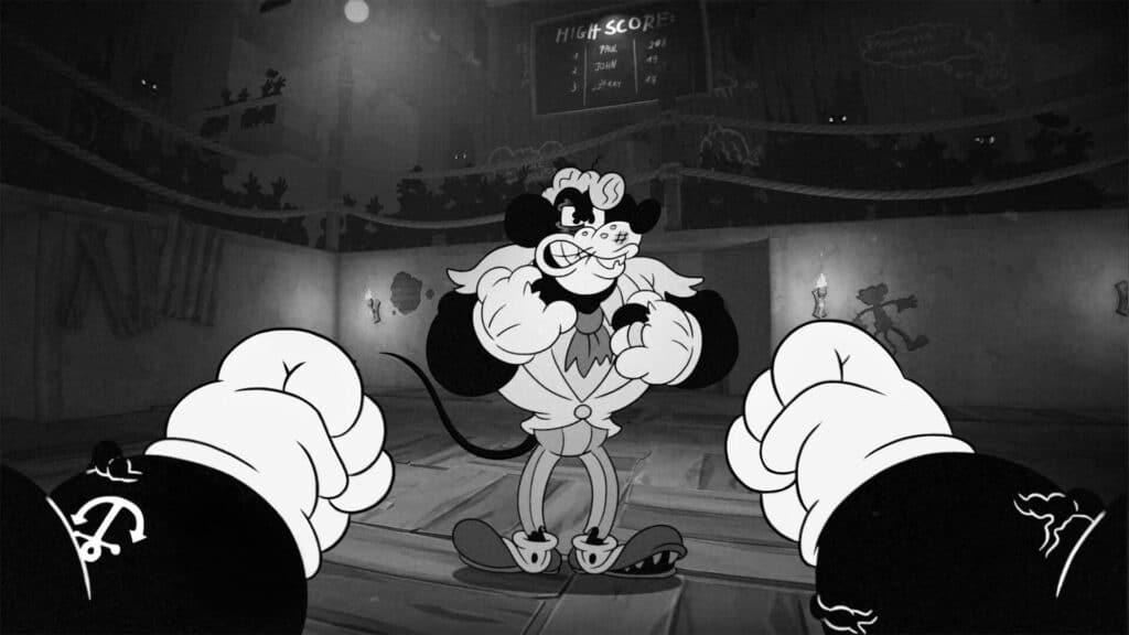 A boss mouse prepares to fight the player in Mouse: P.I. For Hire during a cartoon-style boxing showdown