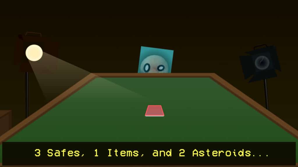 A Kuiper Roulette opponent watches as the table displays the mix of safe, item, and asteroid cards
