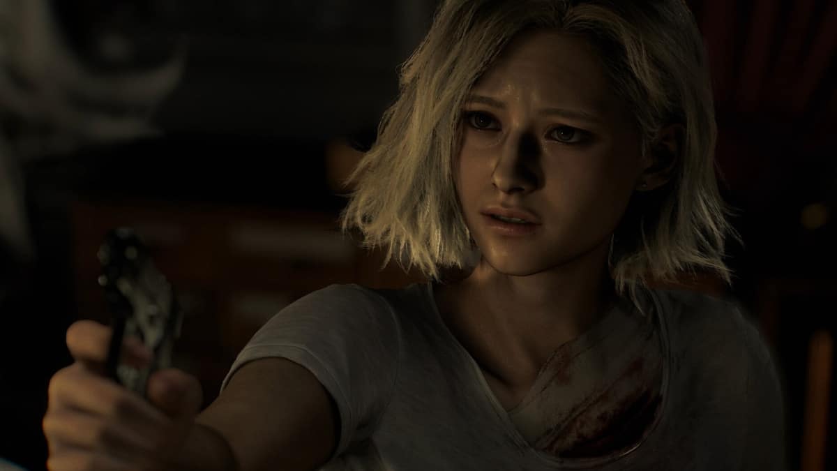Grace Ashcroft aiming a handgun with a tense expression in Resident Evil Requiem