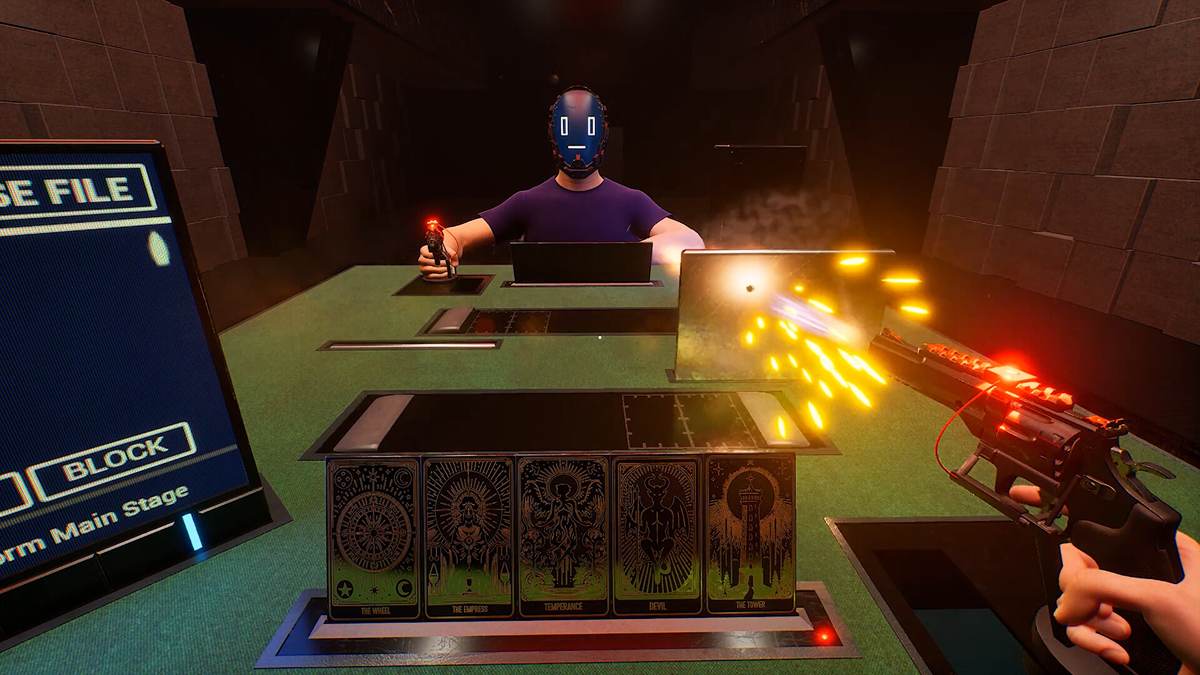 First-person duel gameplay in The Panopticon showing an inmate aiming a gun at a masked opponent inside the prison facility