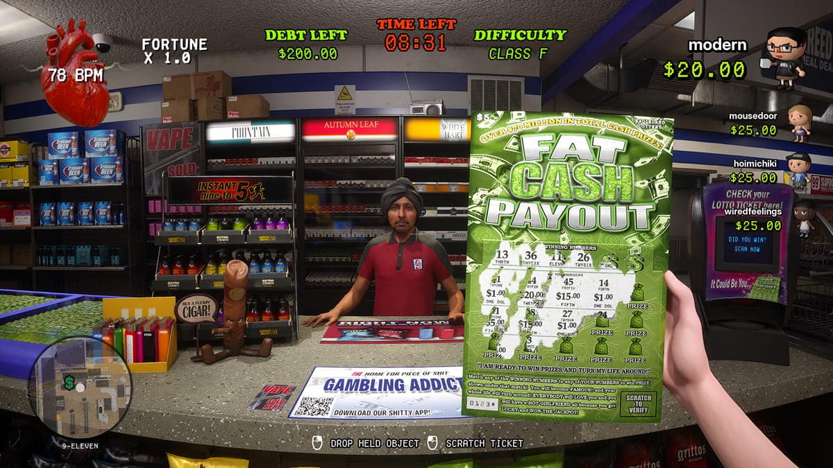 A player scratching a lottery ticket at the store counter in KEEP GAMBLING while tracking debt and time left