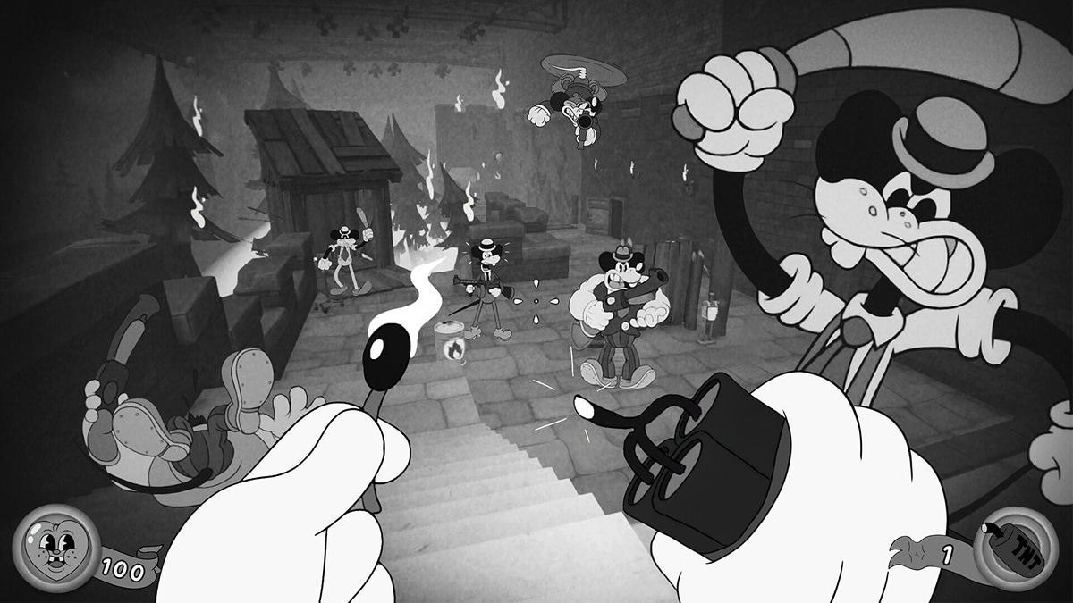 The player lights TNT while enemies rush in during a chaotic encounter in Mouse: P.I. For Hire