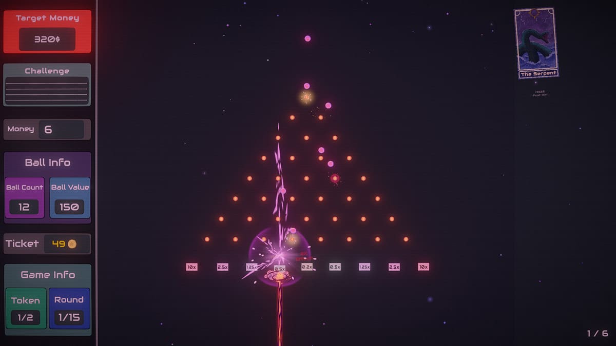 A special effect activates as balls hit multipliers during a Plinbo gameplay run