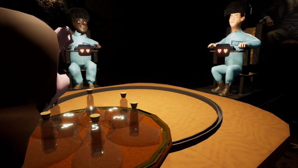 Sip or Die gameplay showing players facing each other around the roulette table as they choose potentially deadly vials