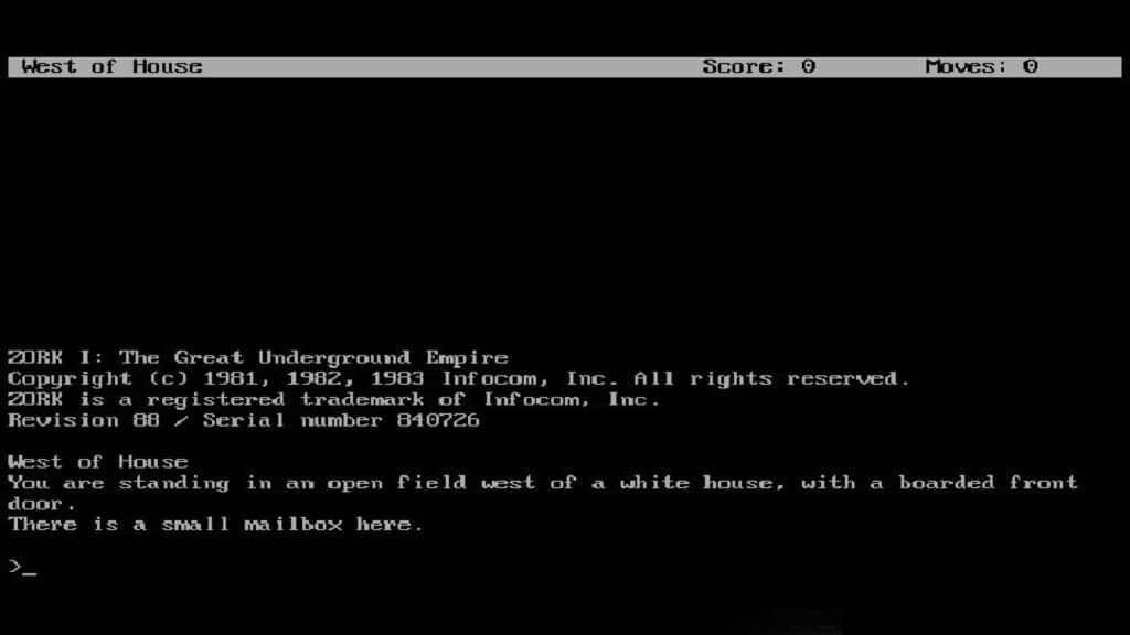 Zork I The Great Underground Empire opening screen showing the West of House starting location in the original text adventure game