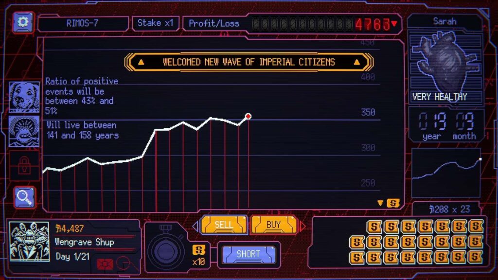 Space Warlord Baby Trading Simulator game screenshot. Displays currency, health status, and a welcome message for imperial citizens