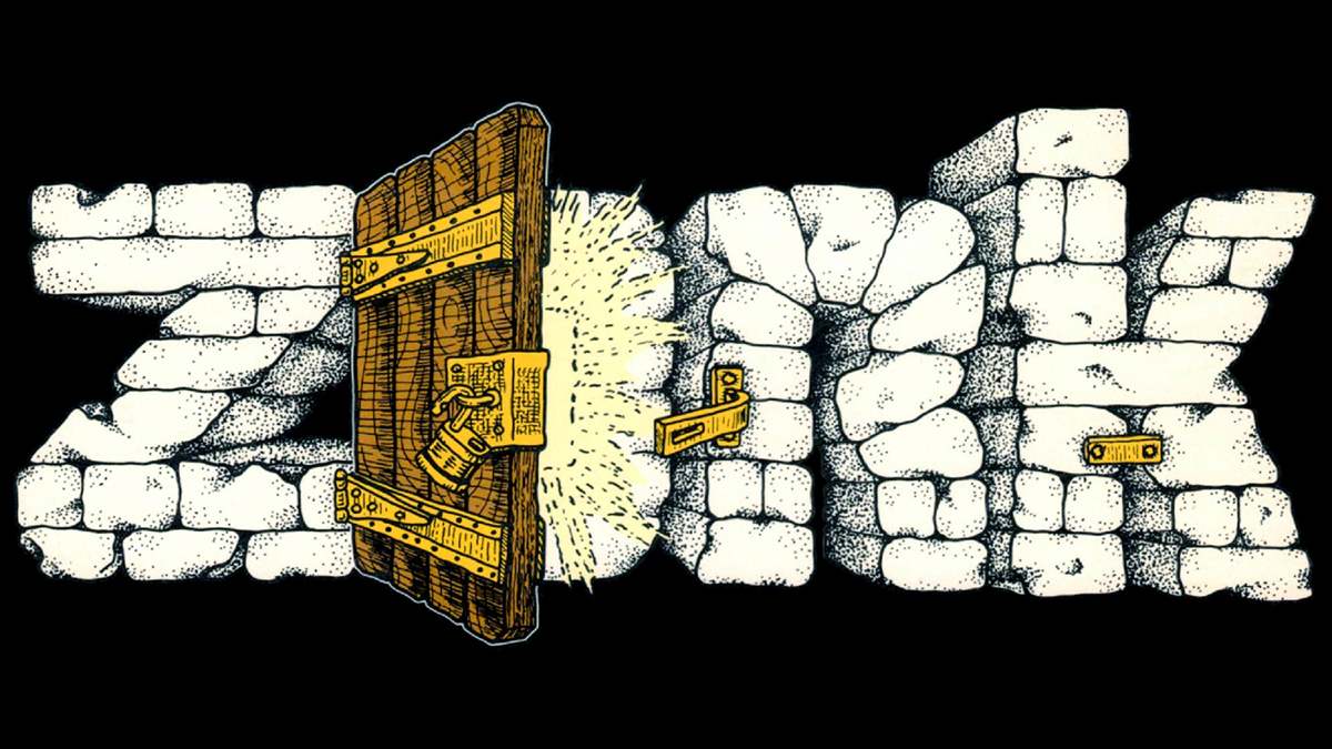 Illustration inspired by Zork showing a medieval stone wall and a wooden door opening into a secret passage