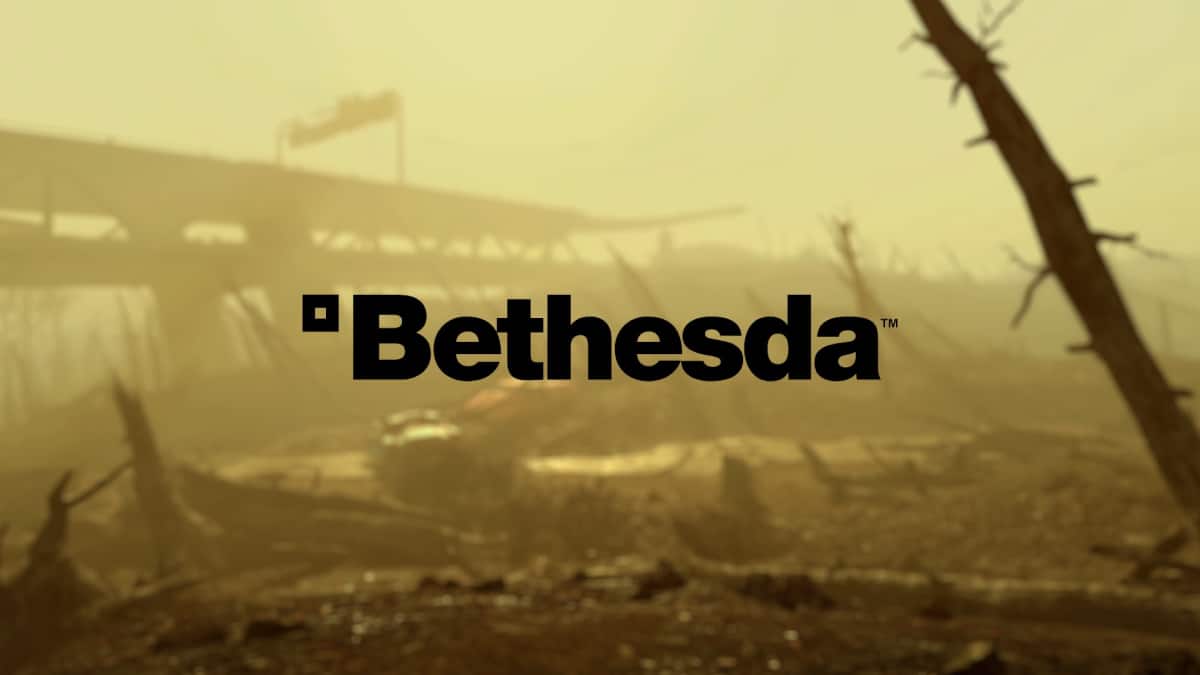 The image is the loading screen or teaser for Fallout 4, one of the most famous post-apocalyptic role-playing games from Bethesda Game Studios. The background of the image, showing a destroyed bridge and a deserted, foggy landscape, is characteristic of the Glowing Sea location in the game
