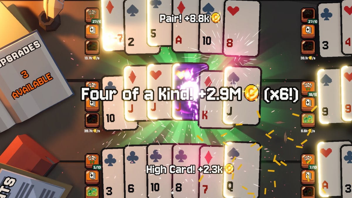 A screenshot from the game This Ain't Even Poker, Ya Joker showing a player winning "Four of a Kind" for 2.9 million coins [1.1, 1.3, 1.8]