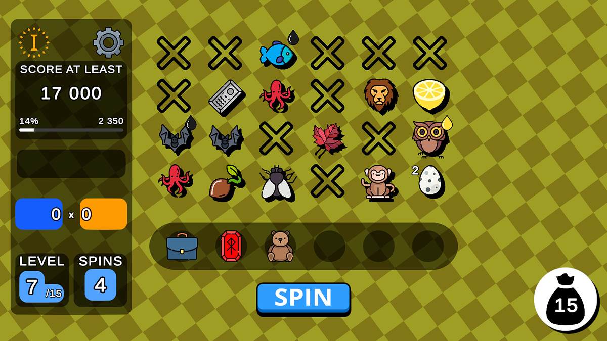 Fate Architect gameplay showing a slot machine board with animal and object symbols, score target, remaining spins, and the Spin button.