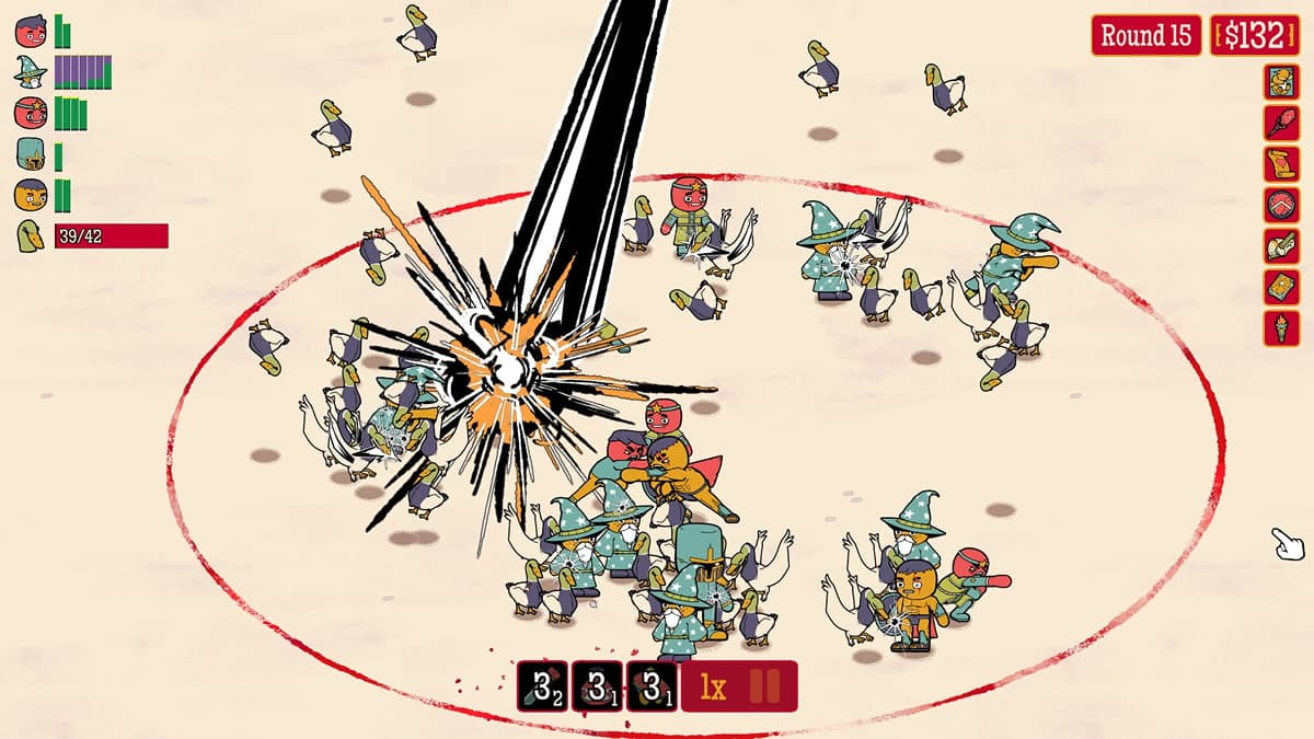 Gameplay from How Many Dudes? showing a large-scale auto-battler fight with multiple characters