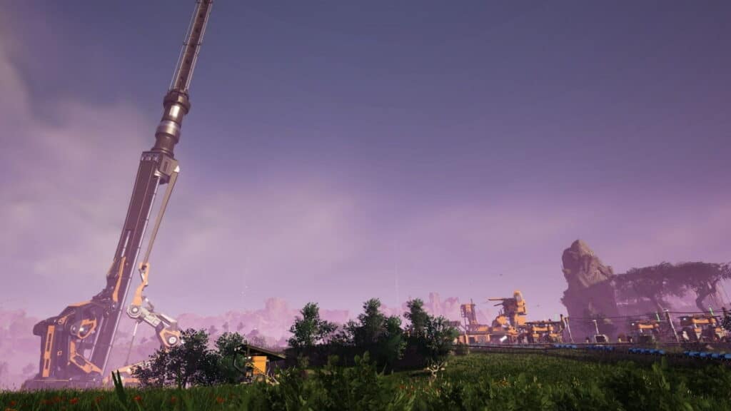 Large-scale factory setup in Satisfactory featuring towering mining machinery and conveyor belts