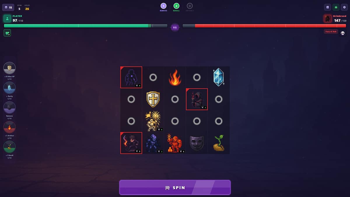 Slotomancer gameplay showing a slot machine battle against a boss