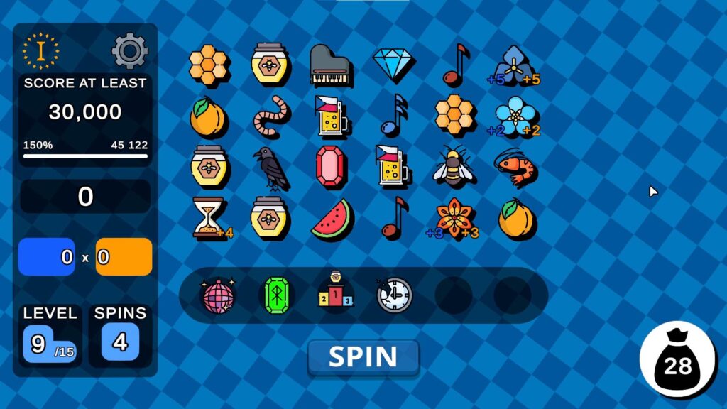 Early Fate Architect run with a basic slot machine layout, mixed symbols, and a low score requirement.