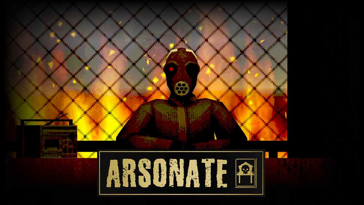 The Host in Arsonate sits behind a table inside a burning fire tower, wearing a gas mask as flames rage behind a chain-link fence, setting the tone for the deadly card duel.