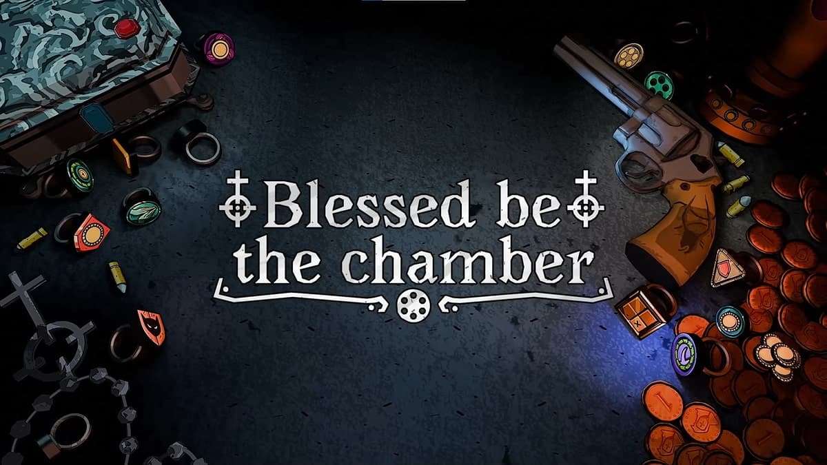 Blessed be the Chamber key art featuring a revolver, bullets, coins, and cult-themed rings on a dark table