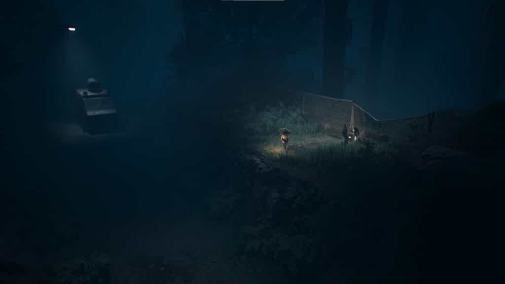 Reanimal gameplay scene showing figures moving through a dark forest path beside a chain-link fence