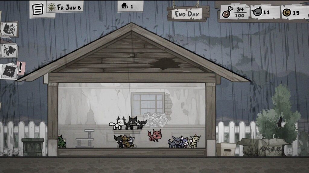 The player’s house in Mewgenics during a rainy day, showing multiple rescued cats resting on platforms while the daily UI displays resources, the current date, and the “End Day” option, highlighting the game’s Tamagotchi-style cat care system.