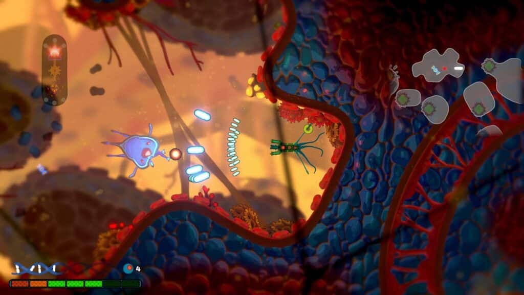 Pathogenic gameplay showing a side-scrolling bullet-hel