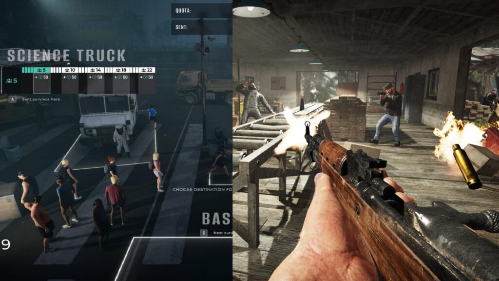 Quarantine Zone survivor routing to the science truck contrasted with Contraband Police firefight at a border checkpoint